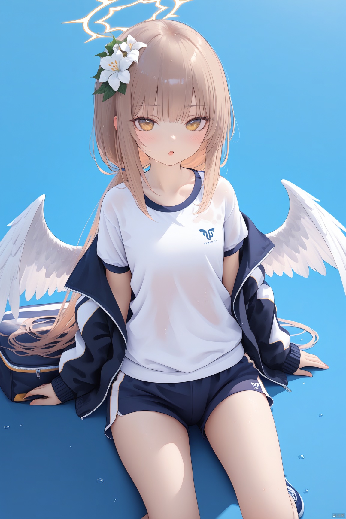  1girl,(masterpiece:1.3),( beautiful:1.2),(high quality:1.2),(finely detailed:1.2),extremely detailed CG unity 8k wallpaper,best quality,a very delicate and beautiful,perfect fingers,(one cute girl at the center:1.2),
shirt,white shirt,open clothes, shorts, off shoulder, open jacket, official alternate costume, wet, short shorts, black shorts, wet clothes, gym uniform, (track jacket),black jacket,white jacket, multicolored jacket,  two-tone jacket, wet shirt,  gym shorts,gym,
hair ornament, very long hair, yellow eyes, flower, wings, hair flower, long hair, low wings, white wings, grey hair,brown hair,bangs,halo, nagisaBA,blush,looking_at_viewer,parted_lips,forelocks,
