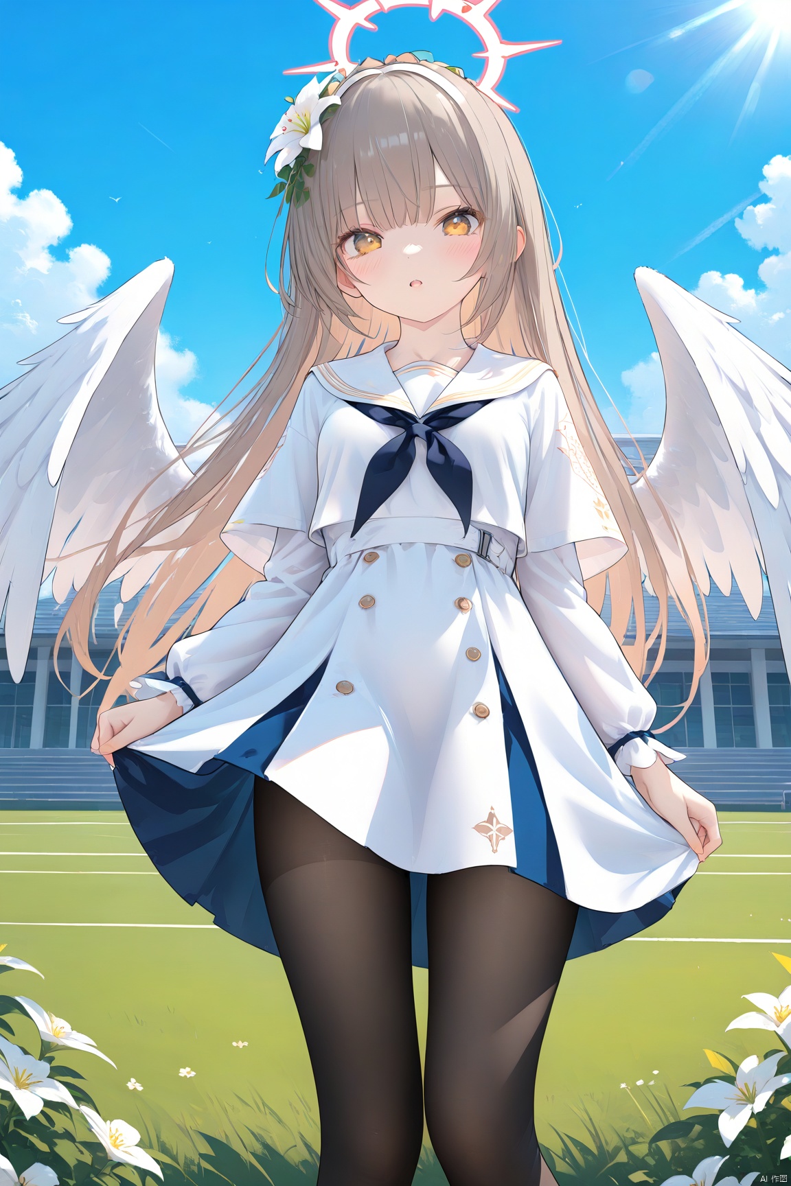  1girl,solo,(masterpiece:1.3),( beautiful:1.2),(high quality:1.2),(finely detailed:1.2),extremely detailed cg unity 8k wallpaper,best quality,a very delicate and beautiful,perfect fingers,(one cute girl at the center:1.2),

outdoors, blue sky,sunlight, clouds, school building,lawn, standing,

looking_at_viewer,blush, parted_lips, hair ornament, long sleeves, dress, very long hair, yellow eyes, flower, pantyhose, wings, hair flower, sailor collar, white dress, high heels, neckerchief, black pantyhose, capelet, halo, white footwear, white wings, white capelet, grey hair, brown hair, nagisaba
