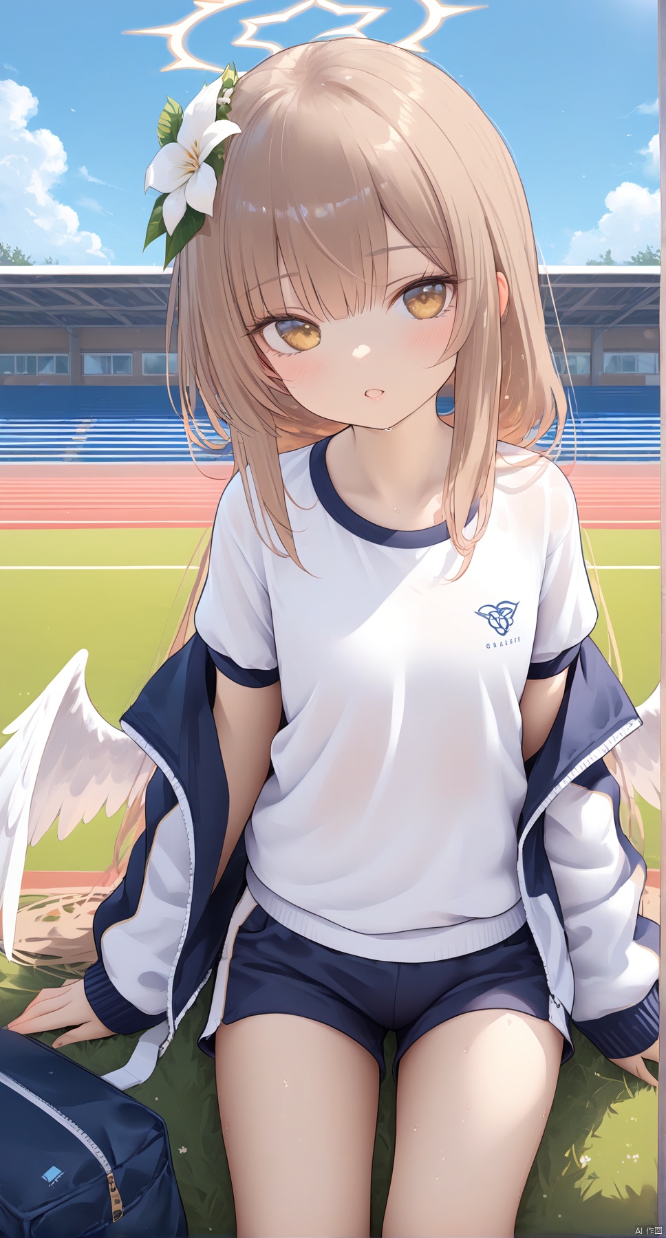  1girl,(masterpiece:1.3),( beautiful:1.2),(high quality:1.2),(finely detailed:1.2),extremely detailed CG unity 8k wallpaper,best quality,a very delicate and beautiful,perfect fingers,(one cute girl at the center:1.2),
parted lips ,outdoors, blue sky,sunlight, clouds, school building,lawn, loli, 
shirt,white shirt,open clothes, shorts, off shoulder, open jacket, official alternate costume, wet, short shorts, black shorts, wet clothes, gym uniform, (track jacket),black jacket,white jacket, multicolored jacket,  two-tone jacket, wet shirt,  gym shorts,gym,
hair ornament, very long hair, yellow eyes, flower, wings, hair flower, long hair, low wings, white wings, grey hair,brown hair,bangs,halo, nagisaBA,blush,looking_at_viewer,