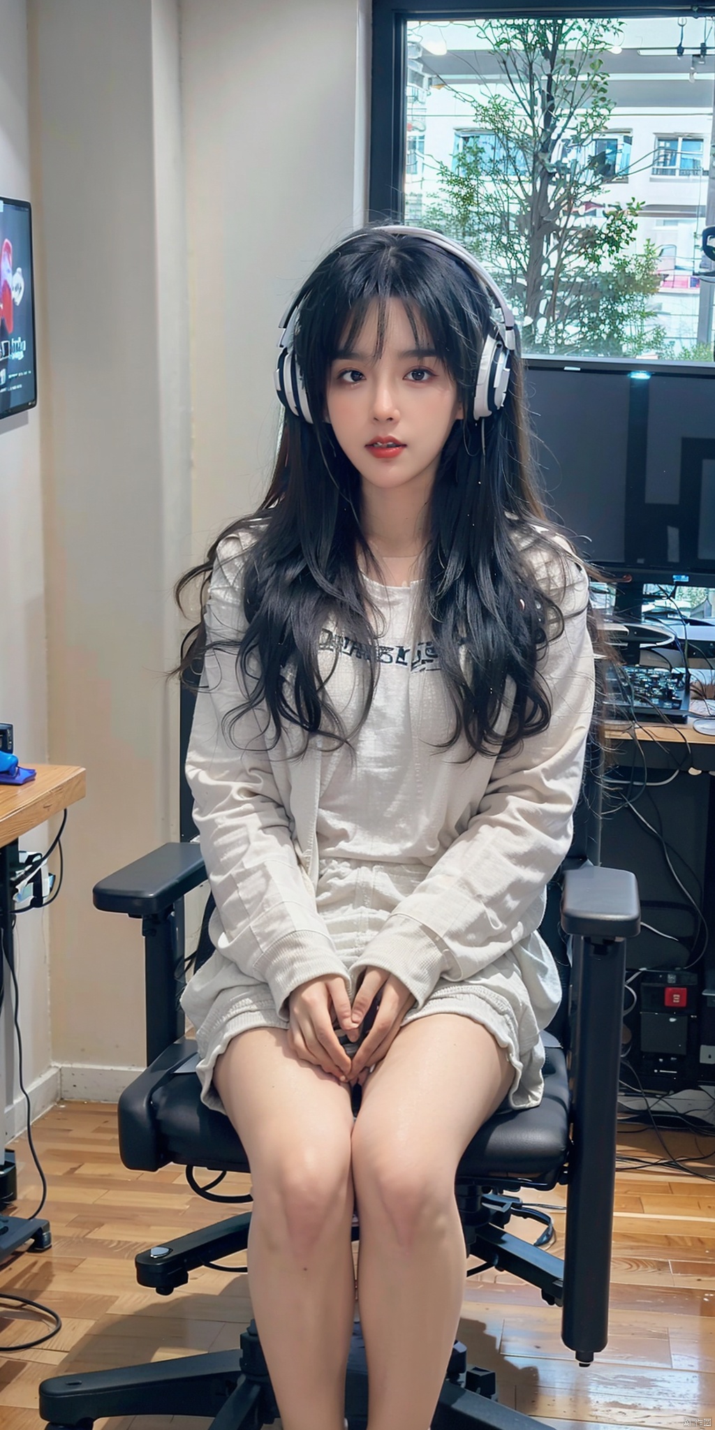The background is the e-sports room, an e-sports girl, wearing a silver gray hoodie, white hot pants, wearing white headphones, there is an e-sports chair behind, sitting on the e-sports chair, there is a computer in front of it, fantasy, magic, animation, girls, monitors, headphones, game chair, ((gradually changing hair)), mouse, keyboard, host, game mat, white thighs, hair color is red, Flexible hands, delicate and beautiful hands, tapping the keyboard, bare feet, face, picturesque, whole body, the center of the picture, facing the audience, (bare feet, delicate bare feet, white feet), ((poakl)), Light master, Rita, 1girl