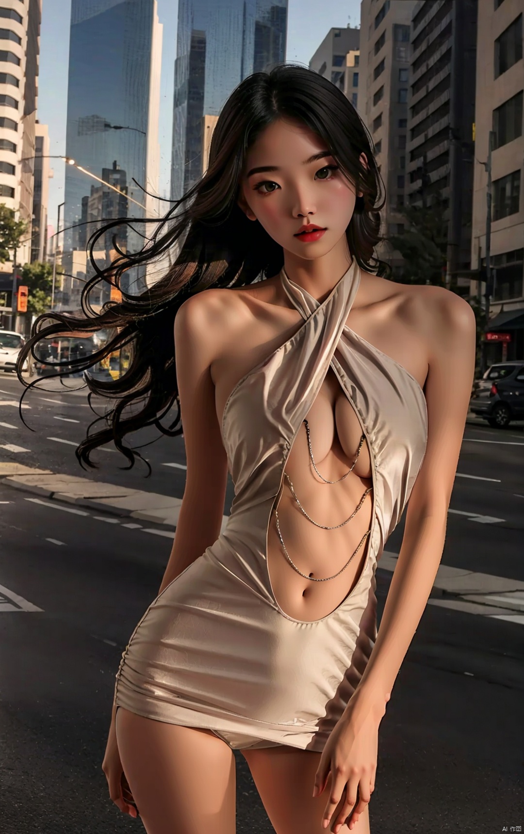  1girl,standing,city, around body,outdoor,long hair,breasts, pajama,cross,black