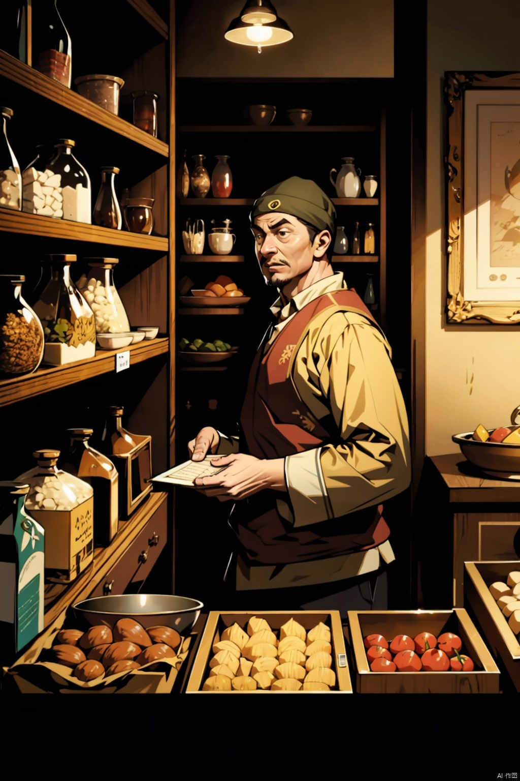  absurdres,incredibly absurdres,reality,realistic,,(solo:1.2),1boy,full_shot, shopkeeper