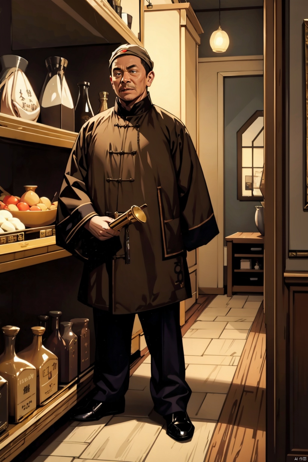  absurdres,incredibly absurdres,reality,realistic,,(solo:1.2),1boy,full_shot, shopkeeper