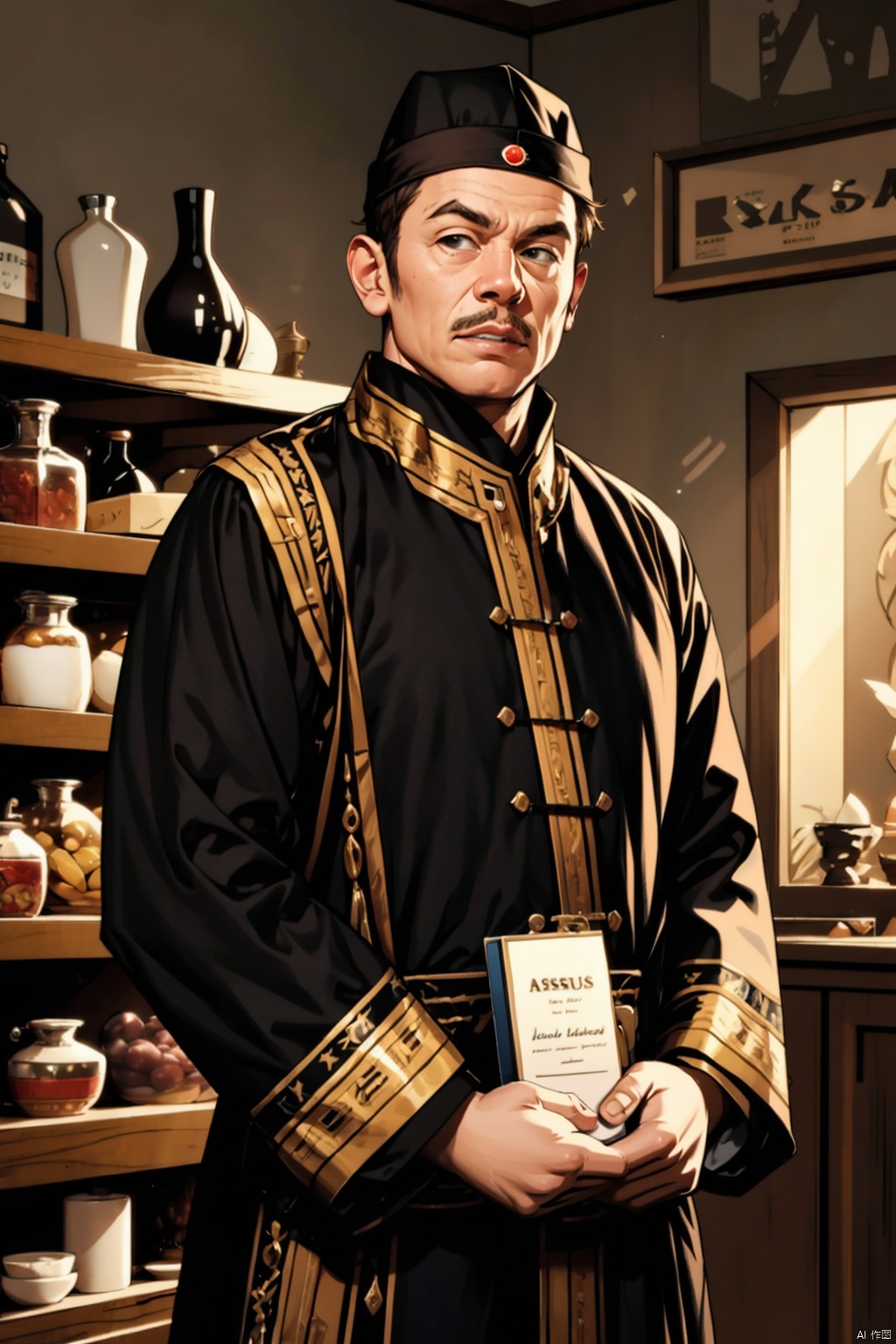  absurdres,incredibly absurdres,reality,realistic,,(solo:1.2),1boy,full_shot, shopkeeper