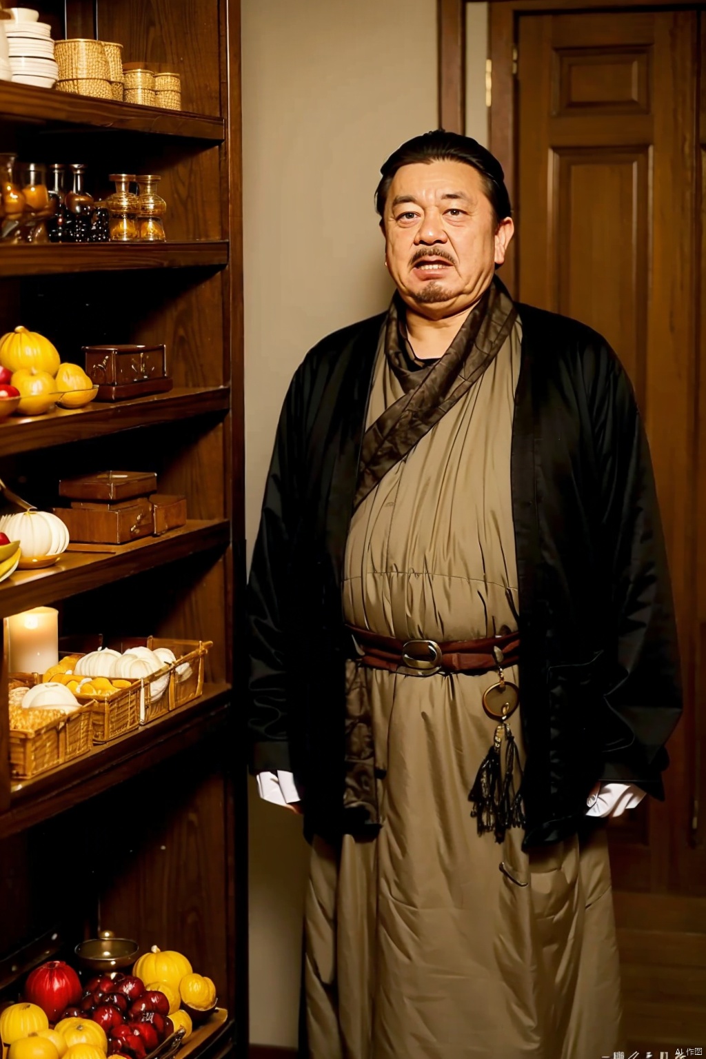  absurdres,incredibly absurdres,reality,realistic,,(solo:1.2),1boy,full_shot, shopkeeper