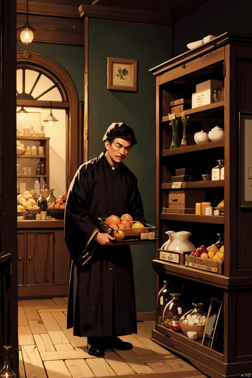  absurdres,incredibly absurdres,reality,realistic,,(solo:1.2),1boy,full_shot, shopkeeper