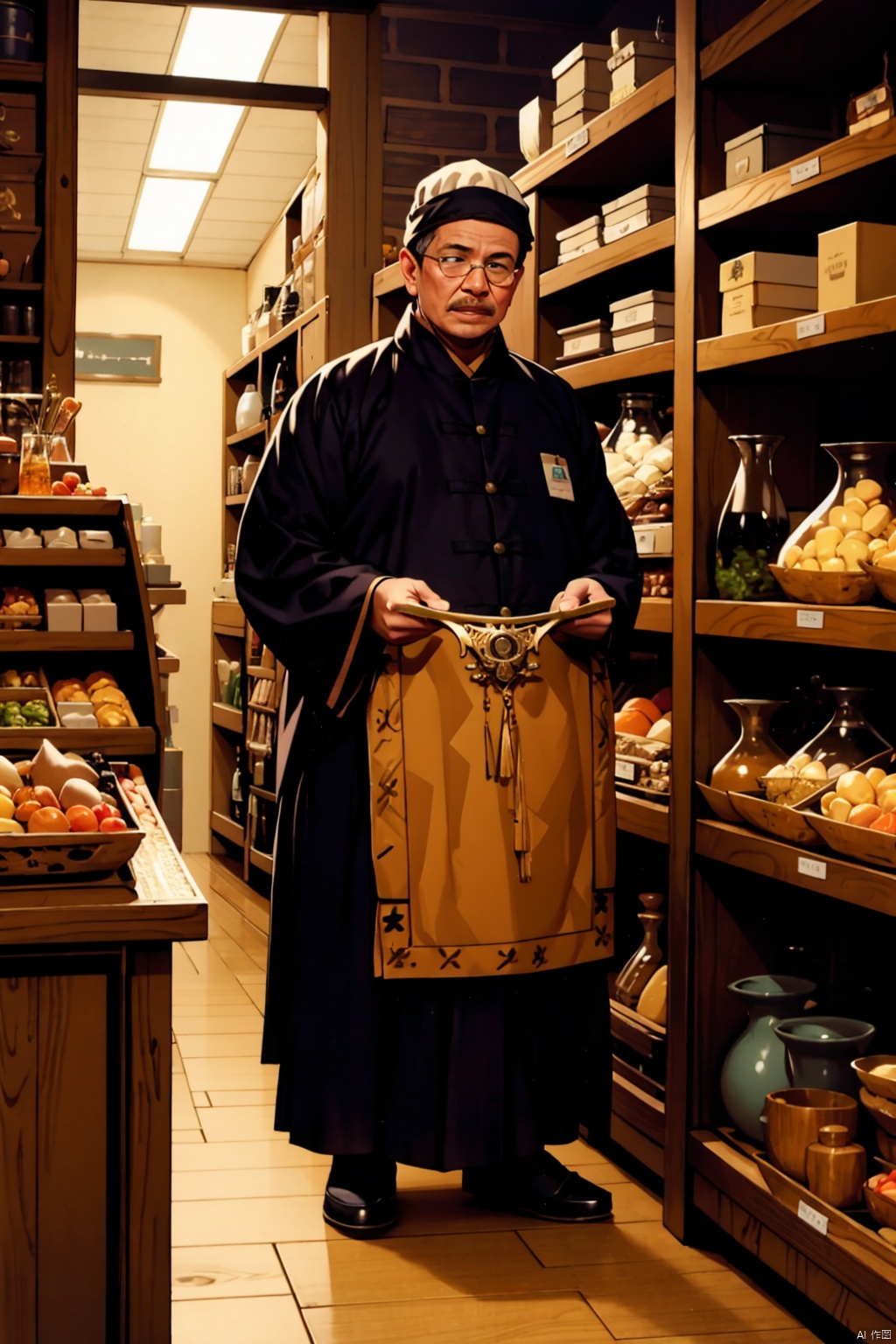  absurdres,incredibly absurdres,reality,realistic,,(solo:1.2),1boy,full_shot, shopkeeper