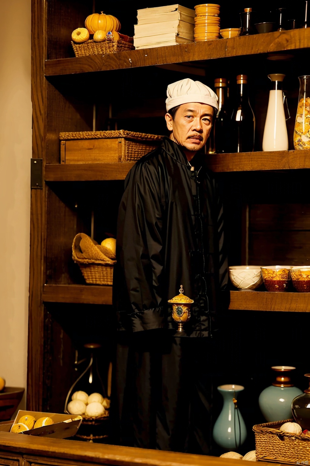  absurdres,incredibly absurdres,reality,realistic,,(solo:1.2),1boy,full_shot, shopkeeper