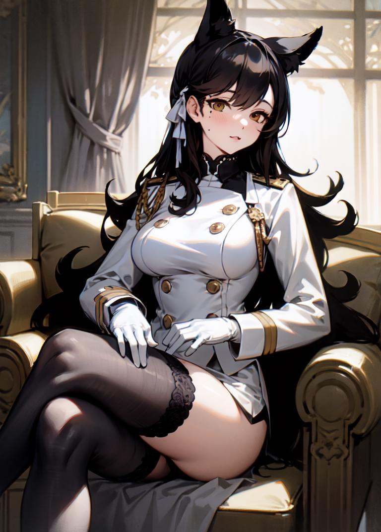 <lora:atago_SD1.5_v1.0:0.8>,atago_\(azur_lane\),brown_eyes,long hair,animal ears,mole_under_eye,military_uniform, garter_straps, black legwear,white gloves,indoors, crossed legs,, masterpiece, best quality, high contrast,