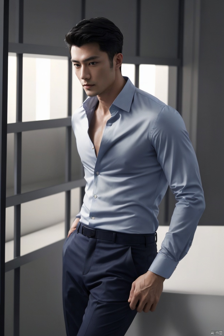  jzns,1man,male focus,asian,exquisite facial features,handsome,eye-catching,confident,unbuttoned shirt,fashion forward,graceful yet melancholic posture,Volumetric lighting,full shot,Ultra High Resolution,profession,High-end fashion photoshoot,(masterpiece, realistic, best quality, highly detailed),