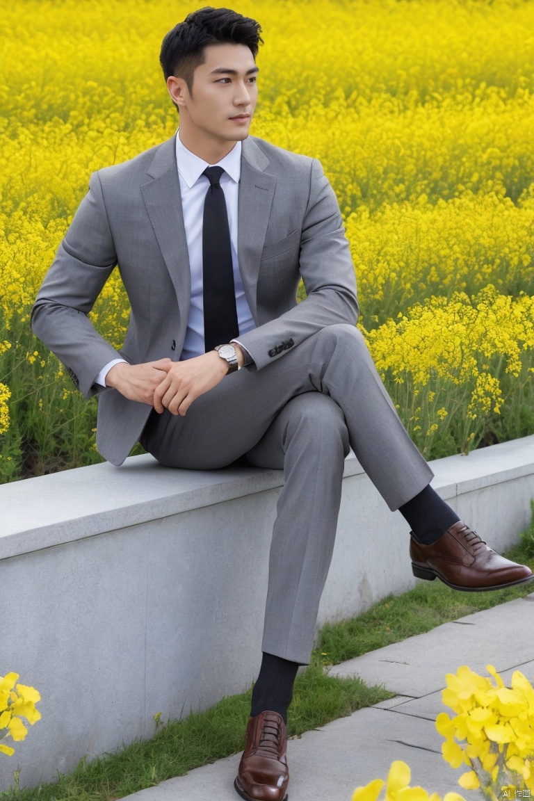  jzns,1man,male focus,asian,exquisite facial features,handsome,eye-catching,confident,grey jacket,black shirt,necktie,pants,formal sheer socks,watch,brown footwear,fashion forward,sitting,crossed legs,graceful yet melancholic posture,gracefully among canola flower,Volumetric lighting,simple background,looking at viewer,(masterpiece, realistic, best quality, highly detailed),