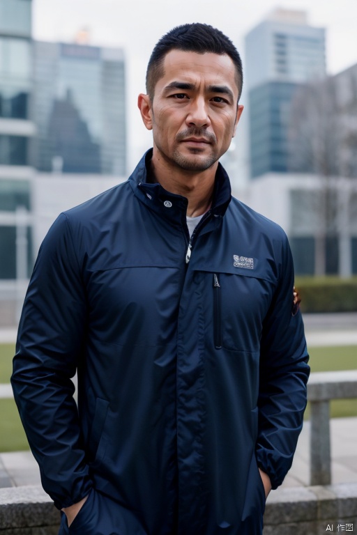 1man,(masterpiece, realistic, Realism, best quality, highly detailed, 8K Ultra HD, sharp focus, profession),asian,exquisite facial features,handsome,tall,male focus,windbreaker,gloves,muscular,soft lighting,blurry,outdoors,(full body),Dynamic angle,1man, rossball