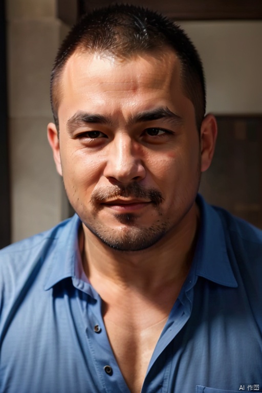 1boy, wusong,solo, male focus, realistic, facial hair, portrait, blue shirt, looking at viewer, shirt, beard, black hair, black eyes, closed mouth, shadow, mustache, brown eyes,Handsome guy,naked, realism