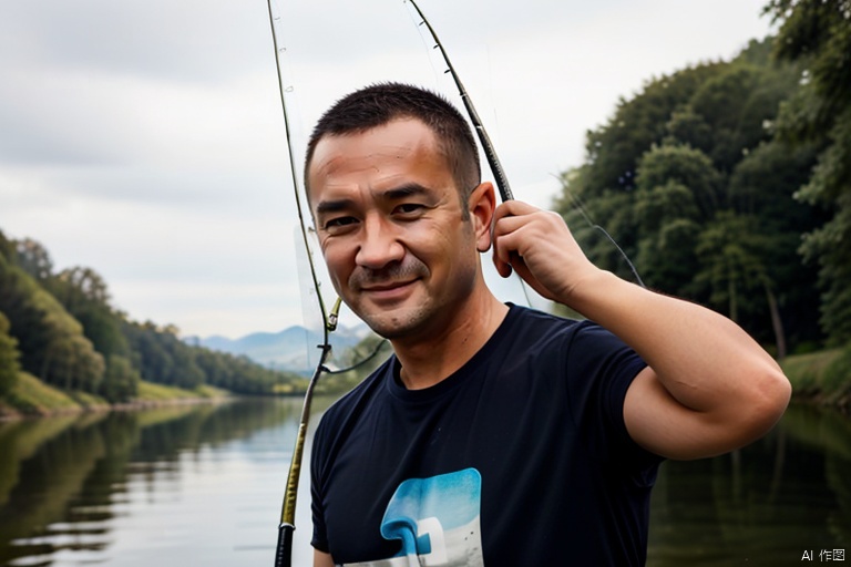  (((masterpiece))),((best quality)),1boy,upper_body,sitting,holding a fishing rod in hand, fishing rod,(a man is fishing:1.3),(go fishing:1.2),masterpiece, best quality, short hair, black hair, smirk, black eyes,t-shirt,shorts, outdoors,rivers, lakes,day, realism