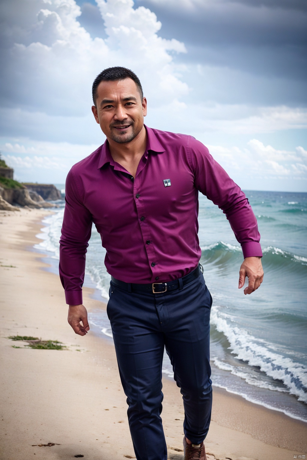  realistic, masterpiece, best quality, highres, ultra-detailed, hdr, 8k uhd, dslr, raw photo, high detailed skin,
1man,facial hair,full body,looking at viewer,smile,pink striped shirt,collared shirt,long sleeves,khaki brown pants,shirt tucked in, leather shoes,running, sea, ocean, waves, Sunlight, realism