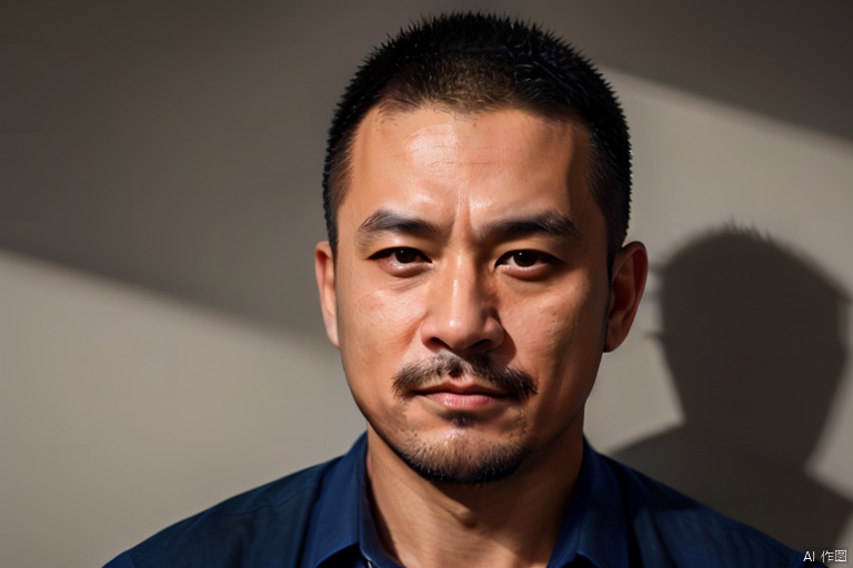 1boy, wusong,zhaowenxuan,solo, male focus, realistic, facial hair, portrait, blue shirt, looking at viewer, shirt, beard, black hair,closed mouth, shadow, mustache,Handsome guy,naked,realism
