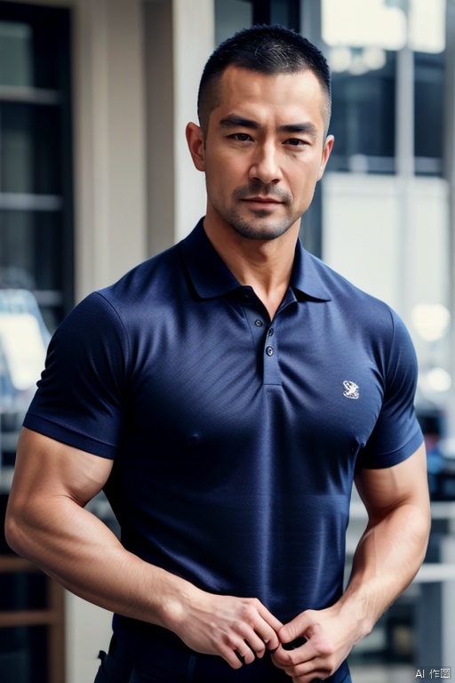  1man,fashion model,male focus,(masterpiece, realistic, best quality, highly detailed,profession),asian,exquisite facial features,handsome,muscular,tight polo shirt,pantssoft lighting,cinematic composition,blurry,jzns,cg, Light master, jzns,wjc, realism