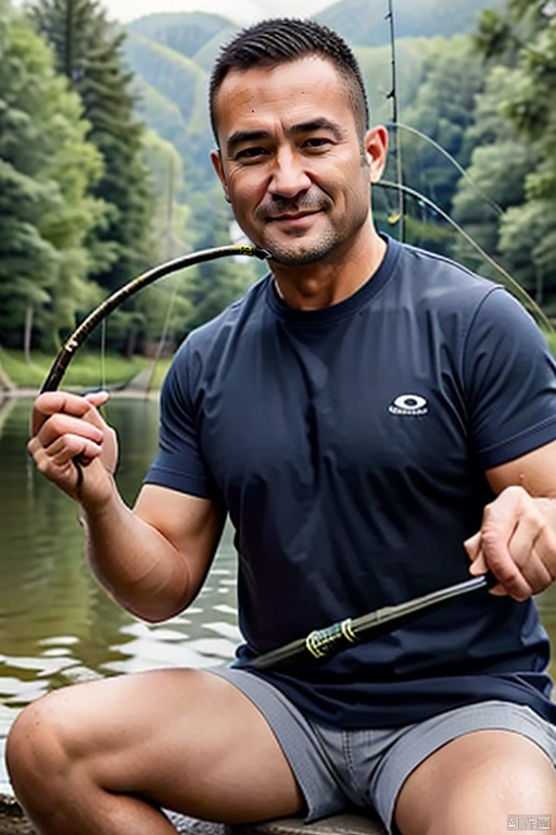  (((masterpiece))),((best quality)),1boy,upper_body,sitting,holding a fishing rod in hand, fishing rod,(a man is fishing:1.3),(go fishing:1.2),masterpiece, best quality, short hair, black hair, smirk,t-shirt,shorts,outdoors,rivers, lakes,day, realism