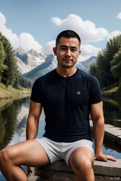 (((masterpiece))),((best quality)),1boy,upper_body,sitting,outdoors,rivers, lakes,day, realism