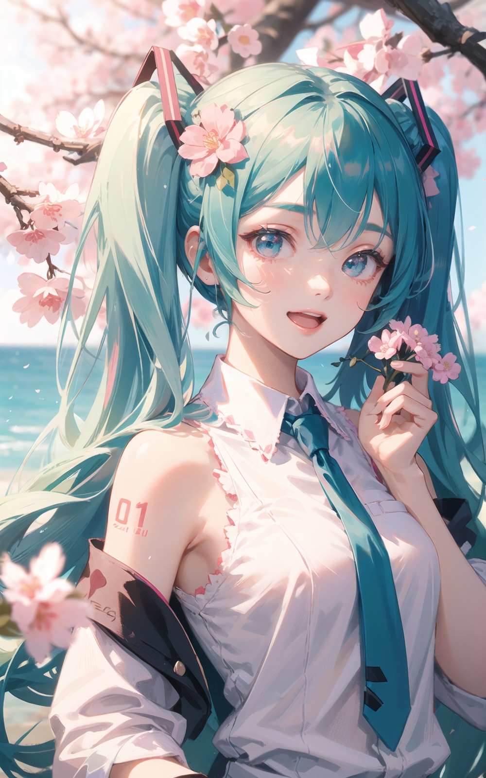 1girl, hatsune_miku, sakura_miku, detached_sleeves, long_hair, flower, twintails, pink_hair, cherry_blossoms, solo, branch, very_long_hair, white_flower, shirt, hair_ornament, holding_flower, open_mouth, upper_body, pink_flower, necktie, sleeveless_shirt, pink_necktie, bare_shoulders, sleeveless, holding, food-themed_hair_ornament, cherry_hair_ornament, eyebrows_visible_through_hair, smile, shoulder_tattoo, white_shirt, looking_at_viewer