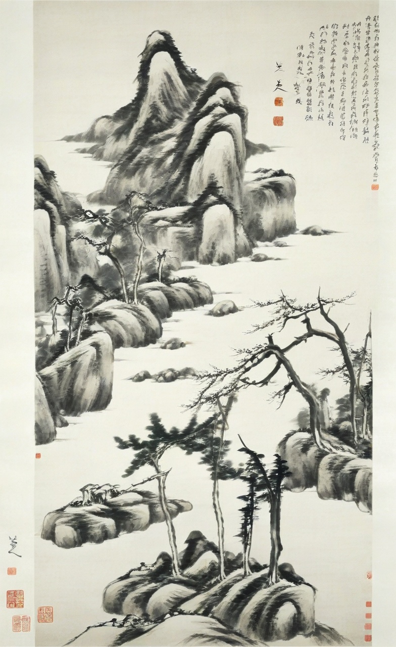 <lora:八大山人画风-000009:0.8>,no humans,tree,monochrome,rock,traditional media,scenery,the art of chinese calligraphy,ink wash,traditional,(mountain-water),calligraphy,seal art,asian art,paper,artistic composition,vertical layout,fine brushwork,nature scene,trees,rocks,cliffs,serenity,cultural heritage.,Chinese text,ink wash painting,traditional chinese painting,
