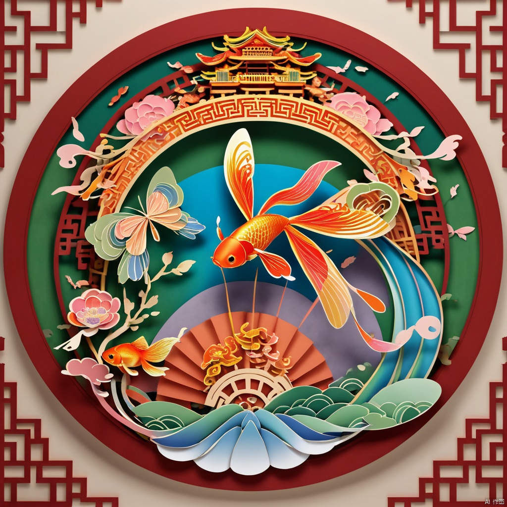 3D-big-circle-lantern on fire lighting , , formed by complex details paper art  , in the pattern of  betterfly in center and surrounding by 2-long-tails-goldfish,  red, blue, pink ,gold , green , orange, rainbow colour  chinese style , shining and monogram,  full of patterns covered , art , 