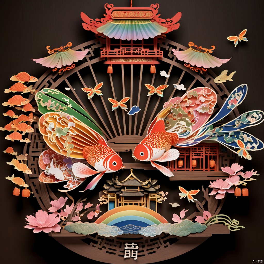 3D-big-fan-lantern , formed by complex details paper art , in the pattern of betterfly in center and surrounding by long-tails-goldfish, red, blue, pink ,gold , green , orange, rainbow colour chinese style , shining and monogram, full of patterns covered , art , masterpiece dark background filled with blurred lanterns ,