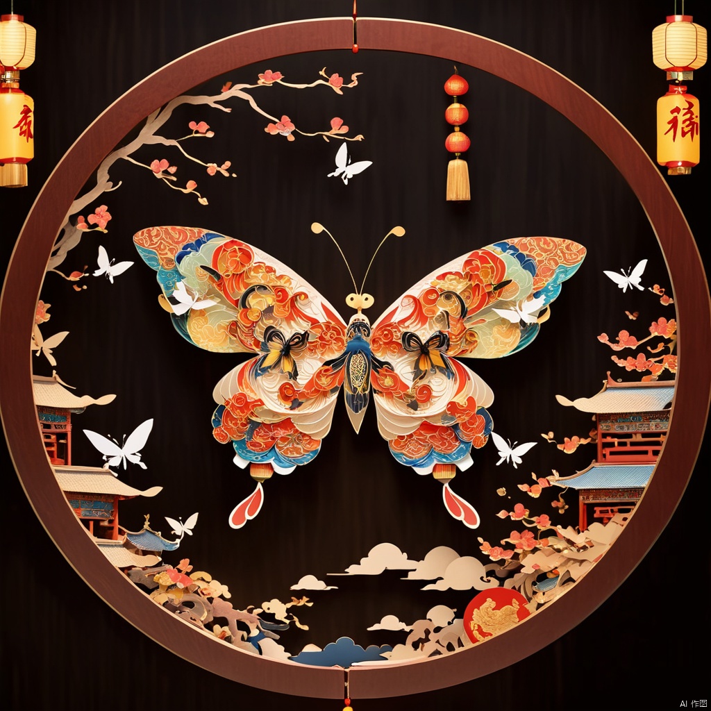 big circle lantern , formed by paper art , in the pattern of betterfly. colourful chinese style , , shining and monogram, full of patterns covered , art , masterpiece dark background filled with blurred lanterns ,