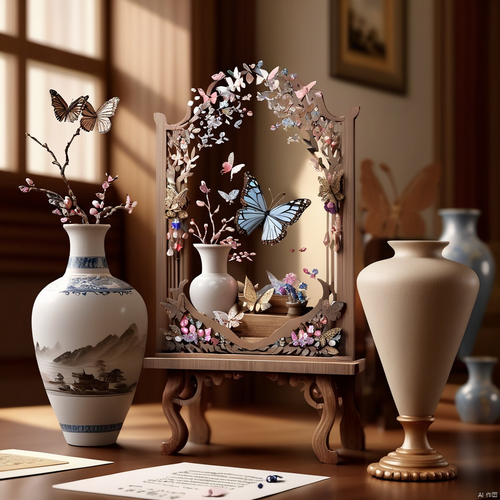 (((masterpiece))), realistic, 3d render, paper art, vase with louts and butterfly, gems and crystal, background with Wooden art 