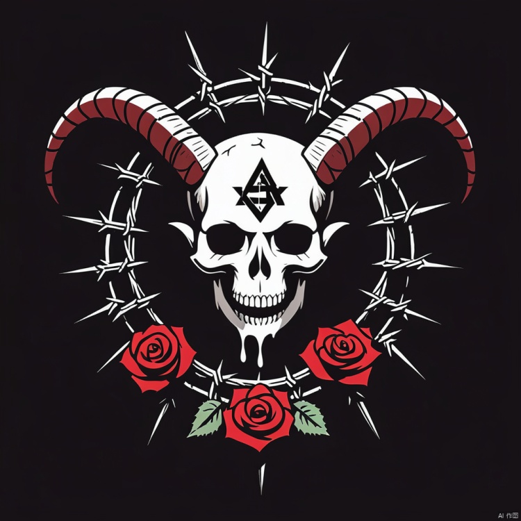 logo,“Design a high-definition, realistic satanic logo that showcases a meticulously detailed depiction of a Baphomet head with barbed wire and blood-dripping roses, and the number “666” against a black background. The Baphomet head should be intricately designed, capturing the dark and mysterious essence of this symbol. Pay close attention to the fine details of the head, such as the goat-like features, the inverted pentagram, and the horns. Surround the head with barbed wire, intertwining with the skull to symbolize imprisonment and danger. Incorporate blood-dripping roses into the design, with each rose meticulously detailed, featuring vibrant red petals and blood dripping from their thorns, enhancing the sinister nature of the logo. Against the black background, the Baphomet head, barbed wire, roses, and the number “666” should stand out prominently, capturing attention. Place the number “666” beneath or beside the Baphomet head, in a bold and stylized font that complements the overall design. Pay close attention to the fine details of the head, barbed wire, roses, and number, adding depth and realism through shading, highlights, and intricate textures. Aim to create a logo that exudes a sense of darkness, mystery, and occult symbolism