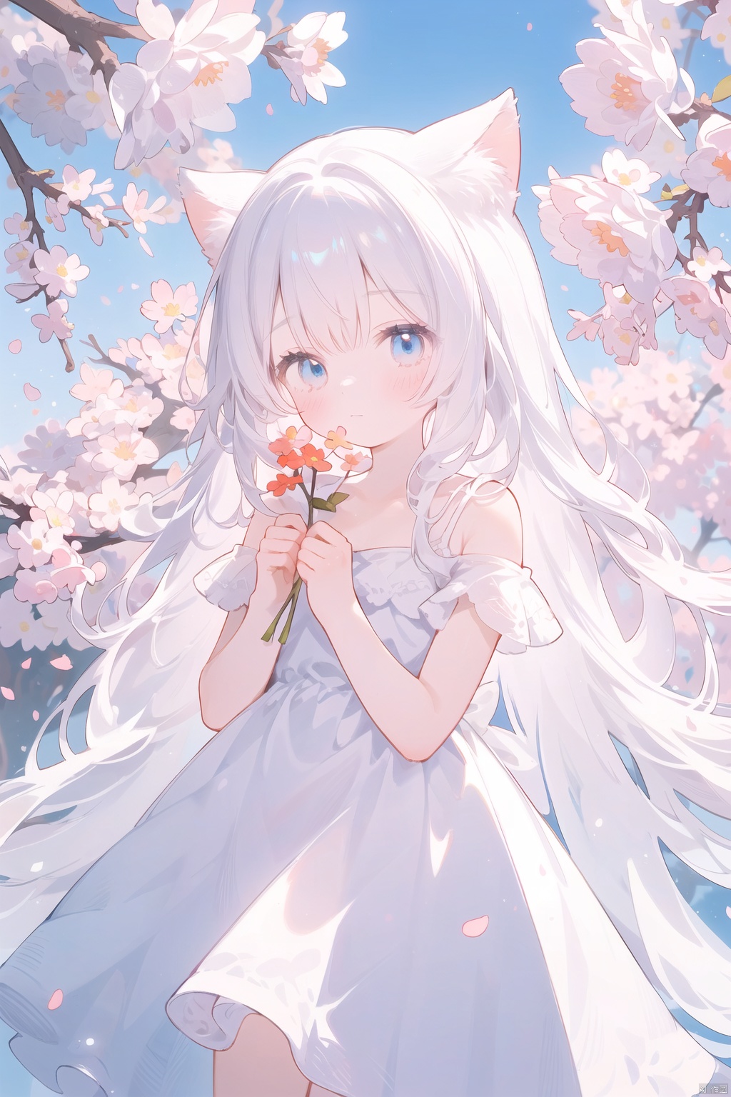 The image features a beautiful anime girl dressed in a flowing white and red dress, standing amidst a flurry of red cherry blossoms. The contrast between her white dress and the red flowers creates a striking visual effect. The lighting in the image is well-balanced, casting a warm glow on the girl and the surrounding flowers. The colors are vibrant and vivid, with the red cherry blossoms standing out against the white sky. The overall style of the image is dreamy and romantic, perfect for a piece of anime artwork. The quality of the image is excellent, with clear details and sharp focus. The girl's dress and the flowers are well-defined, and the background is evenly lit, without any harsh shadows or glare. From a technical standpoint, the image is well-composed, with the girl standing in the center of the frame, surrounded by the blossoms. The use of negative space in the background helps to draw the viewer's attention to the girl and the flowers. The cherry blossoms, often associated with transience and beauty, further reinforce this theme. The girl, lost in her thoughts, seems to be contemplating the fleeting nature of beauty and the passage of time. Overall, this is an impressive image that showcases the photographer's skill in capturing the essence of a scene, as well as their ability to create a compelling narrative through their art.catgirl,loli,catgirl,white hair,blue eyes,
