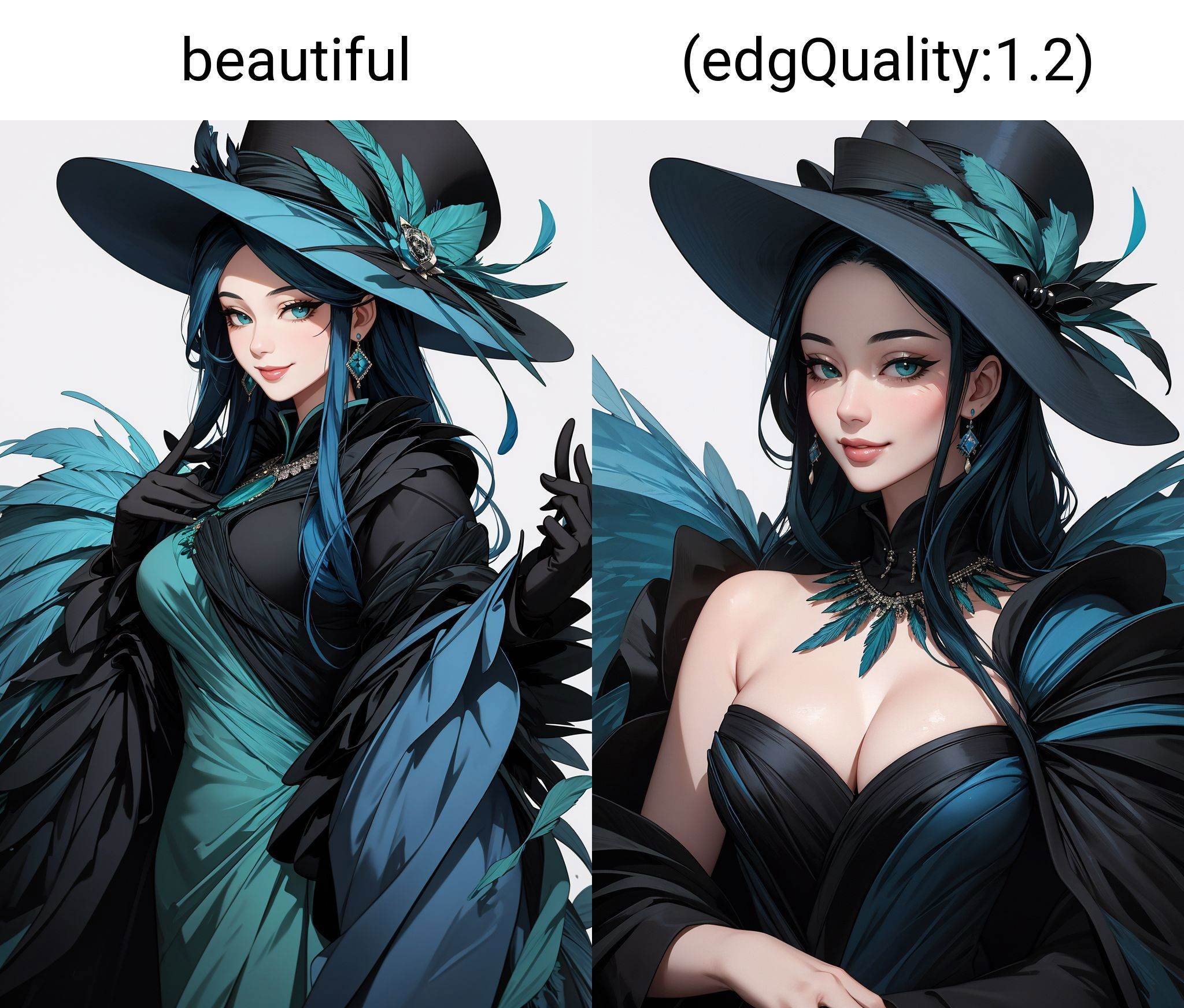 ((Masterpiece, best quality)), beautiful,smug,smirk,edgfbb, a woman in a blue and green dress, ,a black hat,covered in blue feathers , wearing edgfbb fashion<lora:edgFanBingBing_MINI:1>