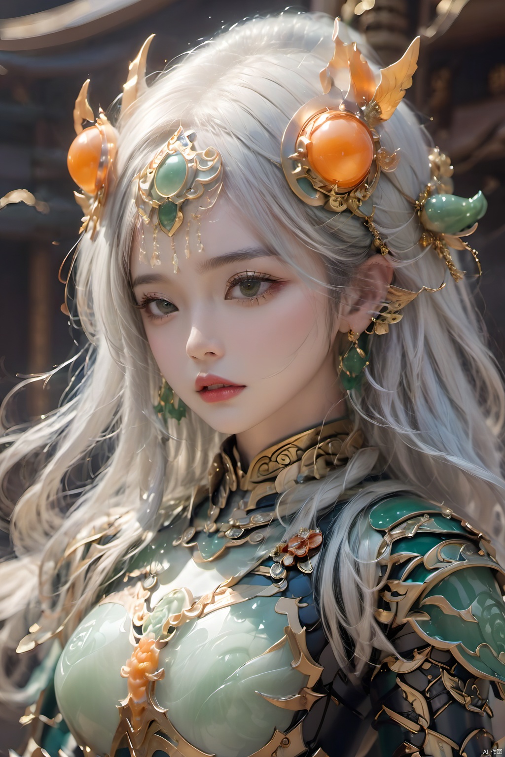 (masterpiece, best quality: 1.2) , Jade Armour, 1 female, dynamic posture, jade carvings, (one eye: 1.2) , (Orangey jade ball face armour: 1.5) , jade inlaid gold shoulder armour, jade breast armour, white hair, earrings, Jade helmet, Jade Crown, jewelry, lips, long hair, watching audience, alone, (translucent white jade material: 1.3) 