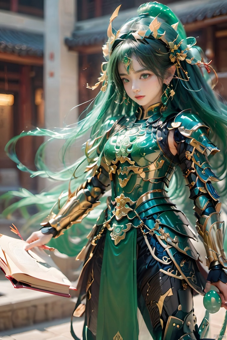  Cuiyu Armor,1girl, armor, blurry background, book, chromatic aberration, closed mouth,Full body armor,Jade helmet,Super complex helmet,Close ups,Emerald Armor,Jade carved armor, depth of field, earrings, jewelry, long hair, looking at viewer, motion blur, portrait, solo, tassel