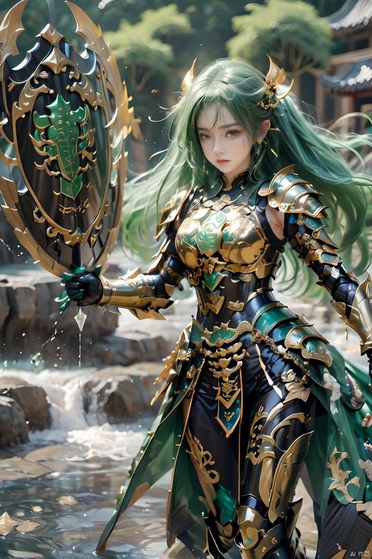 Cuiyu Armor,1girl, armor, boots, gauntlets, green hair,Jade carved armor,Black gold armor,Two gold inlaid black pillars on the back,Upper body,Above the knee,A black and gold shield ahead,Green hair,Full body armor, jewelry, long hair, looking at viewer, shield, solo, water, weapon