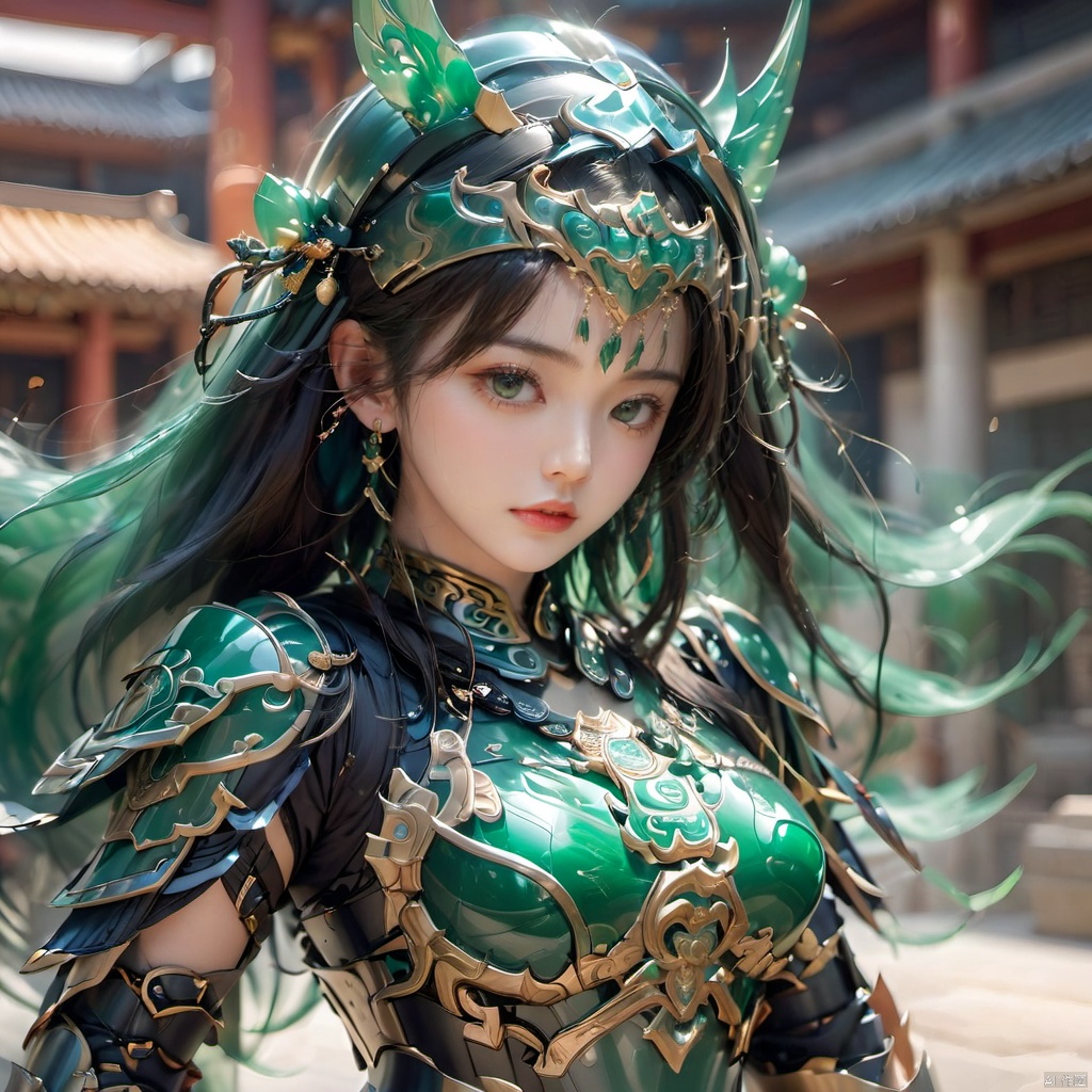Cuiyu Armor,1girl, armor, blurry background, book, chromatic aberration, closed mouth,Full body armor,Jade helmet,Super complex helmet,Close ups,Emerald Armor,Jade carved armor, depth of field, earrings, jewelry, long hair, looking at viewer, motion blur, portrait, solo, tassel