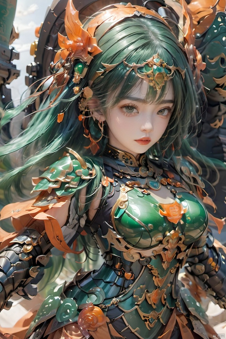  Cuiyu Armor,1girl, armor, breasts, green hair,Jade carved armor,Jade inlaid copper headwear,Green hair,Upper body,Above the knee,Orange circular jade plaque,Backward mecha,Full body armor, holding, jewelry, lips, long hair, looking at viewer, solo, 1girl