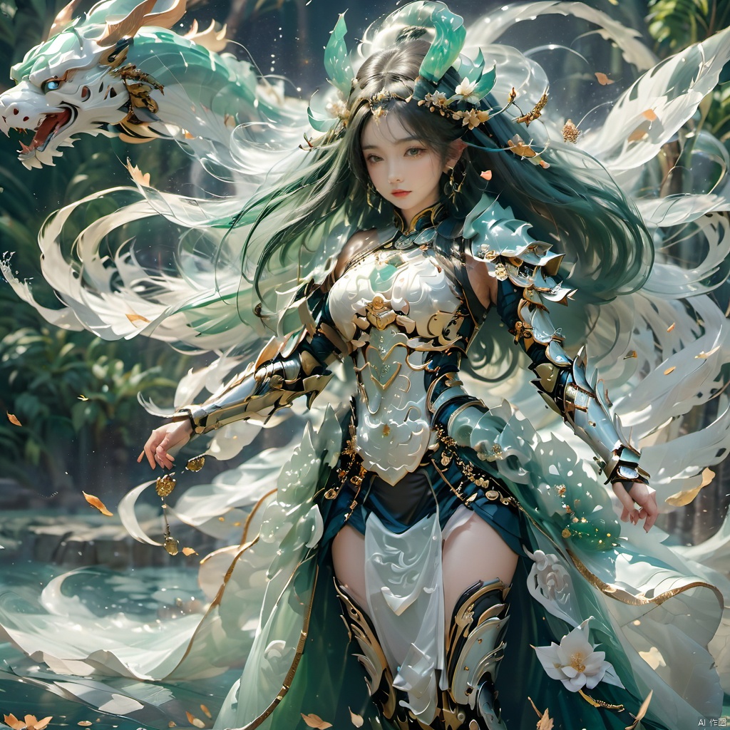 Cuiyu Armor,1girl, armor, breasts, dress, floating hair,Jade carved armor,White Jade Armor,Headwear,full body,Mech Giant Beast,Full body armor, jewelry, leaf, long hair, petals, solo, very long hair, water, wind