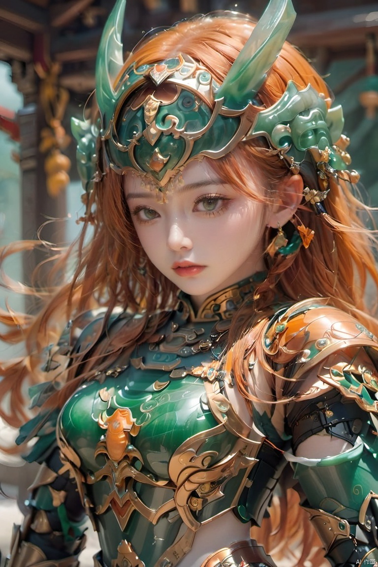 Cuiyu Armor,1girl, armor, blurry background,Complex jade carving textures, breasts, depth of field,Jade carved armor,Half covered face armor,Emerald Armor,Cyclops,Upper body,Above the buttocks,Set orange jade balls on the face armor,Jade inlaid gold shoulder armor,Jade breastplate,Orange hair,Full body armor, earrings, goggles, helmet, jewelry, lips, long hair, looking at viewer, solo, upper body