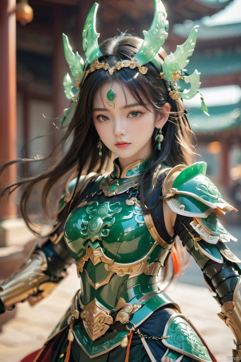 Cuiyu Armor,1girl, armor, blurry background, book, chromatic aberration, closed mouth,Full body armor,Jade helmet,Super complex helmet,Close ups,Emerald Armor,Jade carved armor, depth of field, earrings, jewelry, long hair, looking at viewer, motion blur, portrait, solo, tassel