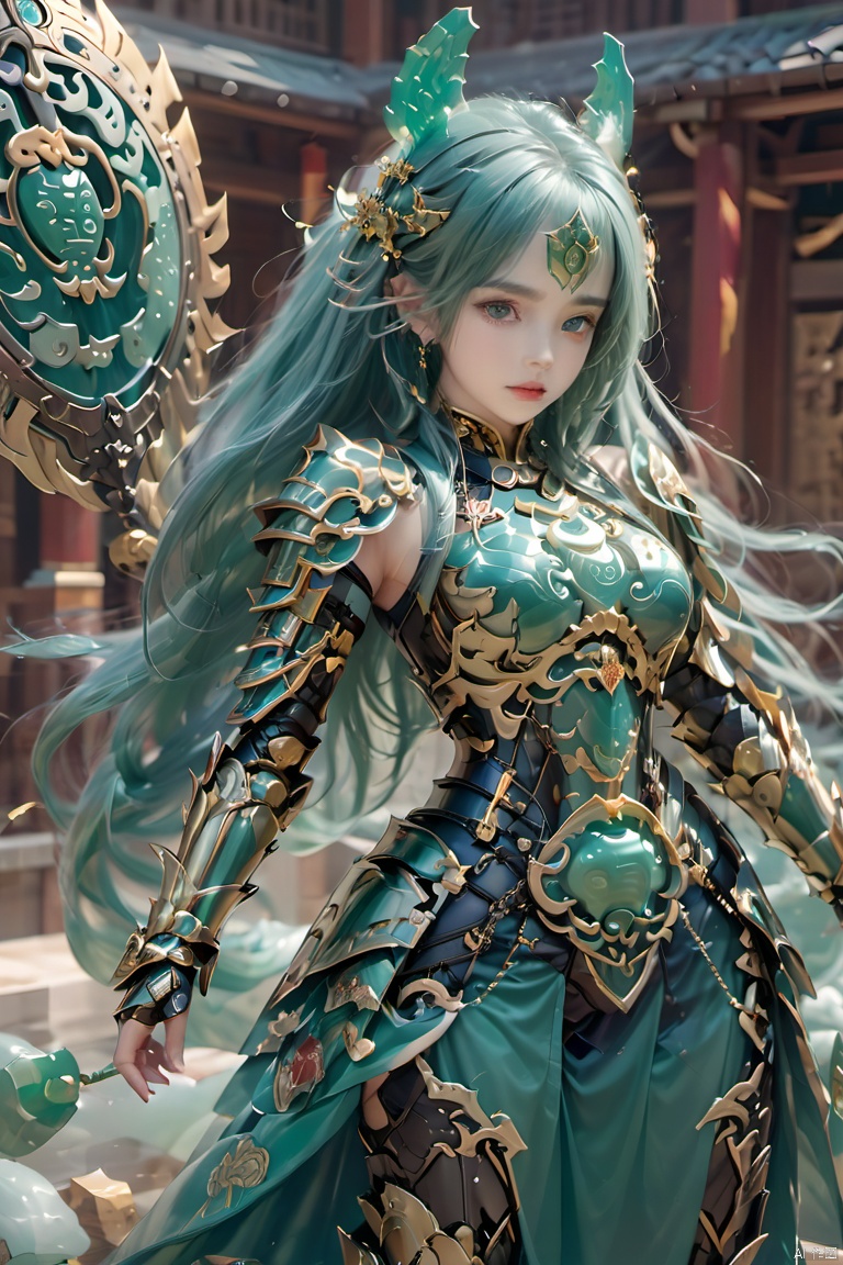 Cuiyu Armor,1girl, aqua hair, armor, armored boots, boots, full body, gauntlets, green hair,Full body armor,A massive weapon,Crown of the head,Jade belly armor,Jade breastplate,A floating shield,Blue jade armor,Jade carved armor, huge weapon, lips, long hair, machinery, pointy ears, shield, shorts, solo, standing