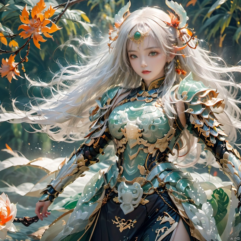 Cuiyu Armor,1girl, armor, breasts, dress, floating hair,Jade carved armor,White Jade Armor,Headwear,full body,Mech Giant Beast,Full body armor, jewelry, leaf, long hair, petals, solo, very long hair, water, wind