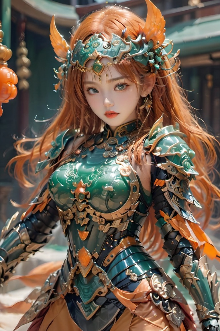 Cuiyu Armor,1girl, armor, blurry background,Complex jade carving textures, breasts, depth of field,Jade carved armor,Half covered face armor,Emerald Armor,Cyclops,Upper body,Above the buttocks,Set orange jade balls on the face armor,Jade inlaid gold shoulder armor,Jade breastplate,Orange hair,Full body armor, earrings, goggles, helmet, jewelry, lips, long hair, looking at viewer, solo, upper body