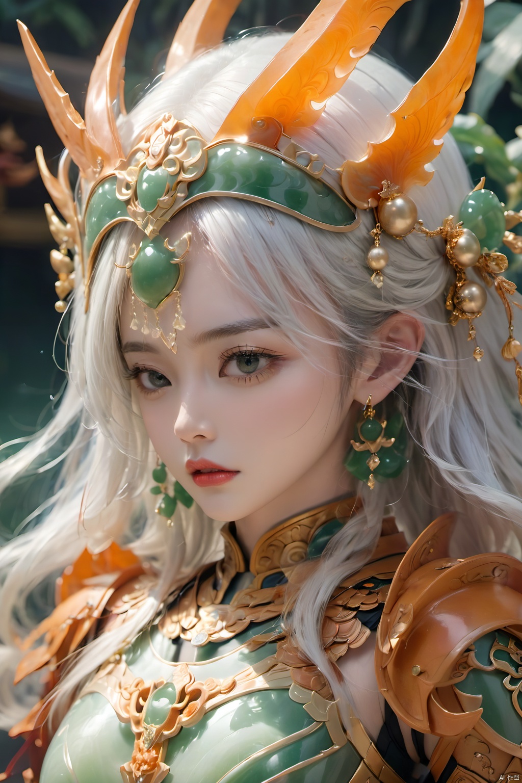 (masterpiece, best quality: 1.2) , Jade Armour, 1 female, dynamic posture, jade carvings, (one eye: 1.2) , (Orangey jade ball face armour: 1.5) , jade inlaid gold shoulder armour, jade breast armour, white hair, earrings, Jade helmet, Jade Crown, jewelry, lips, long hair, watching audience, alone, (translucent white jade material: 1.3) 