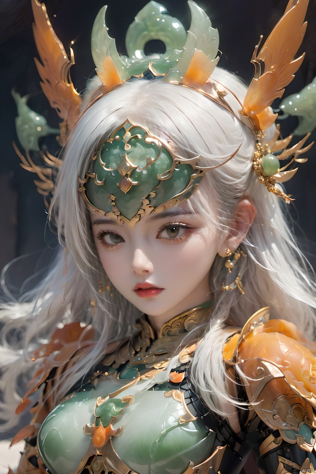 (masterpiece, best quality: 1.2) , Jade Armour, 1 female, dynamic posture, jade carvings, (one eye: 1.2) , (Orangey jade ball face armour: 1.5) , jade inlaid gold shoulder armour, jade breast armour, white hair, earrings, Jade helmet, Jade Crown, jewelry, lips, long hair, watching audience, alone, (translucent white jade material: 1.3) 