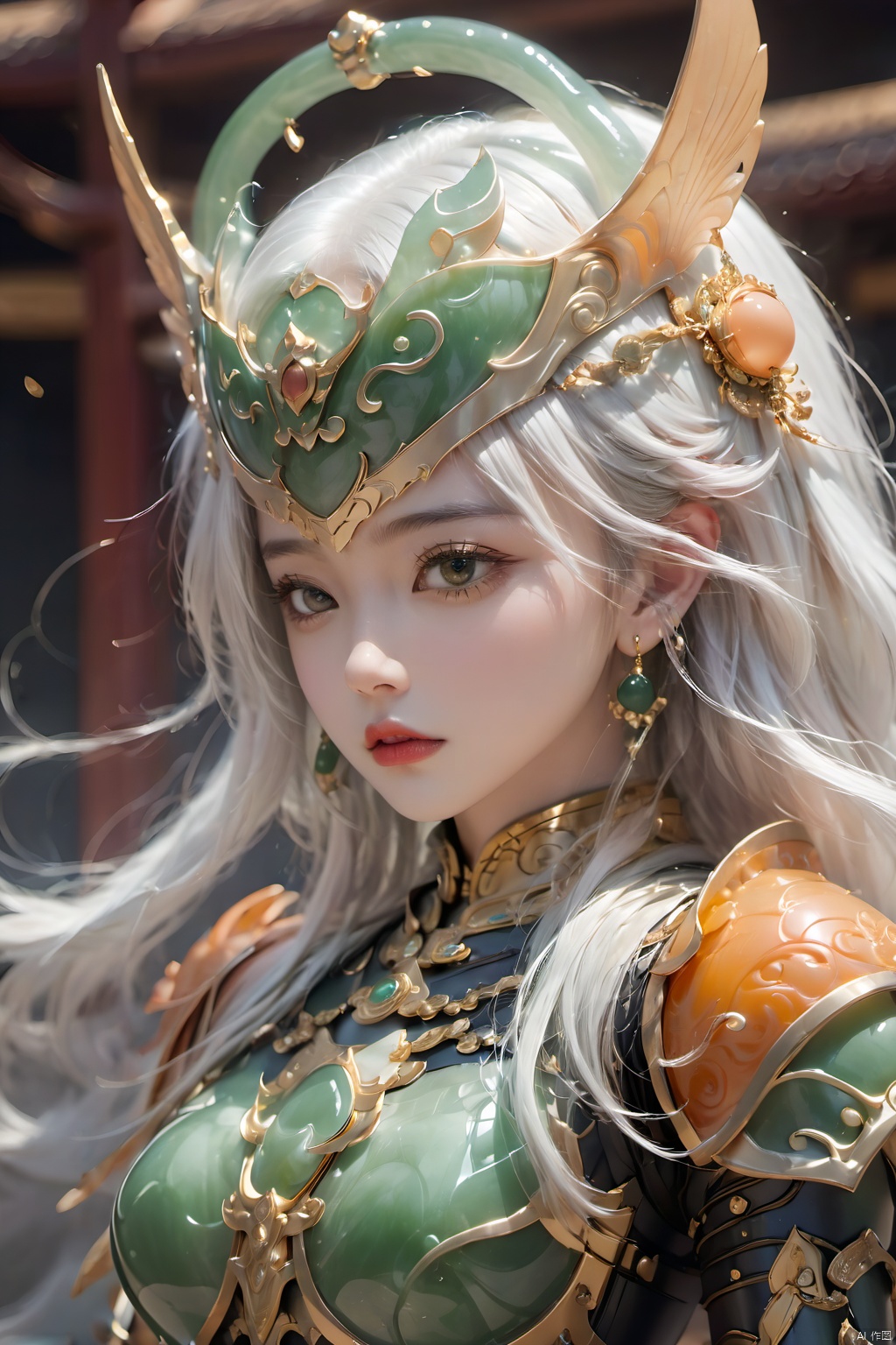(masterpiece, best quality: 1.2) , Jade Armour, 1 female, dynamic posture, jade carvings, (one eye: 1.2) , (Orangey jade ball face armour: 1.5) , jade inlaid gold shoulder armour, jade breast armour, white hair, earrings, Jade helmet, Jade Crown, jewelry, lips, long hair, watching audience, alone, (translucent white jade material: 1.3) 