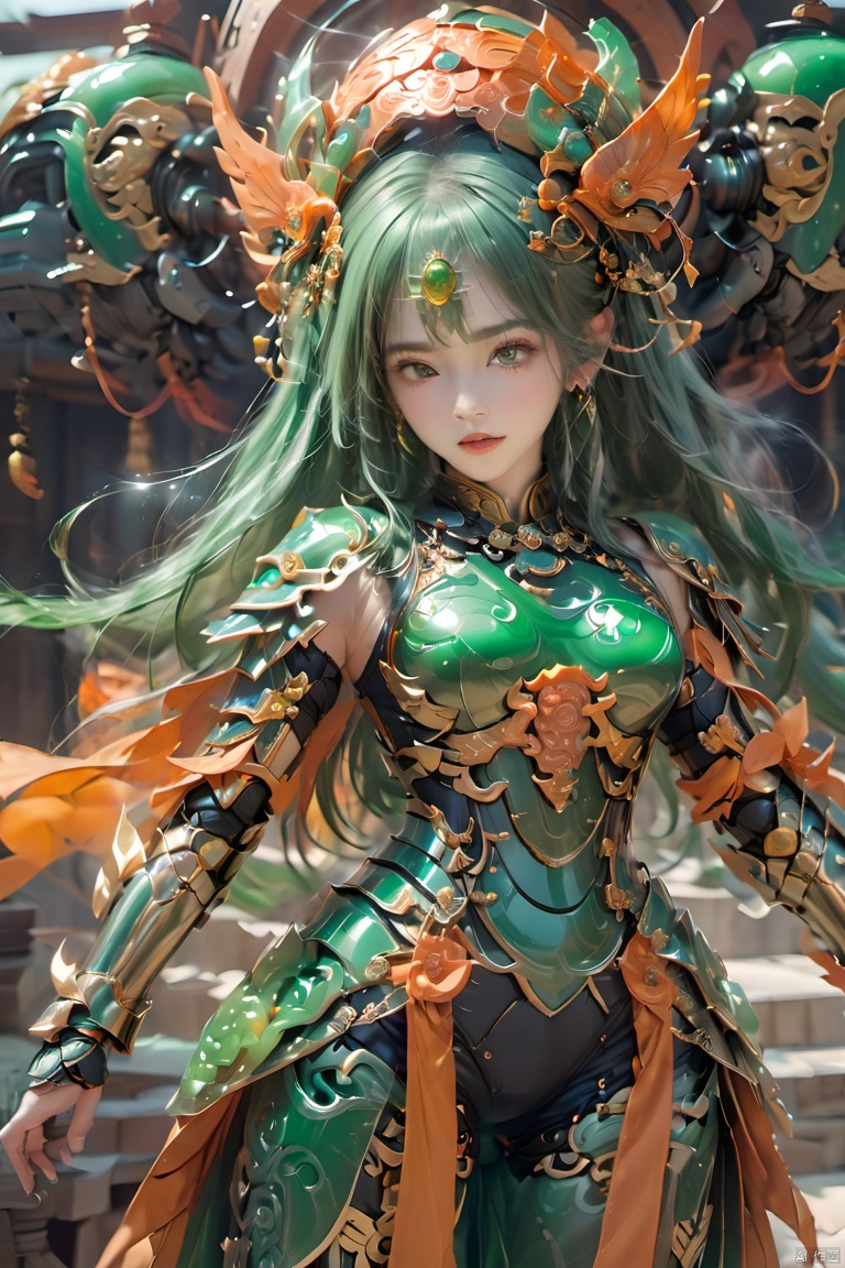  Cuiyu Armor,1girl, armor, breasts, green hair,Jade carved armor,Jade inlaid copper headwear,Green hair,Upper body,Above the knee,Orange circular jade plaque,Backward mecha,Full body armor, holding, jewelry, lips, long hair, looking at viewer, solo, 1girl
