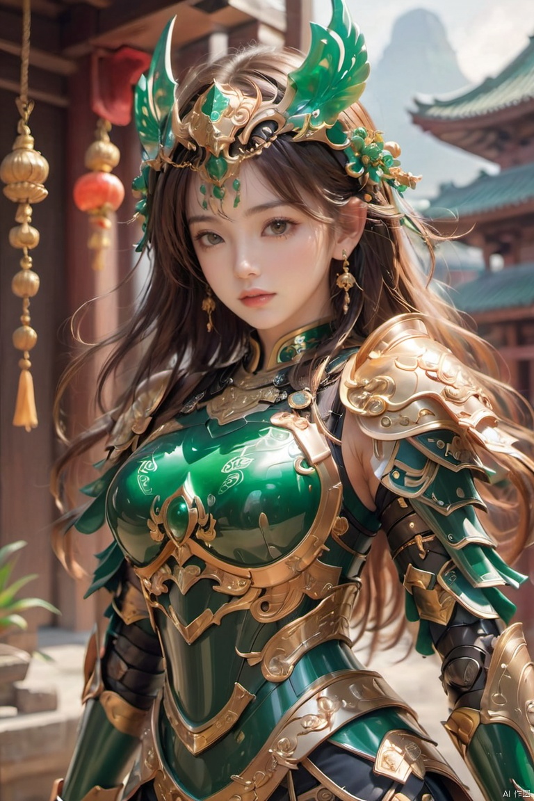 Cuiyu Armor,1girl, armor, bangs, breasts, brown eyes, brown hair,Full body armor,Jade helmet,Upper body,Above the buttocks,Emerald Armor,Jade carved armor, earrings, gloves, helmet, jewelry, long hair, looking at viewer, solo, standing