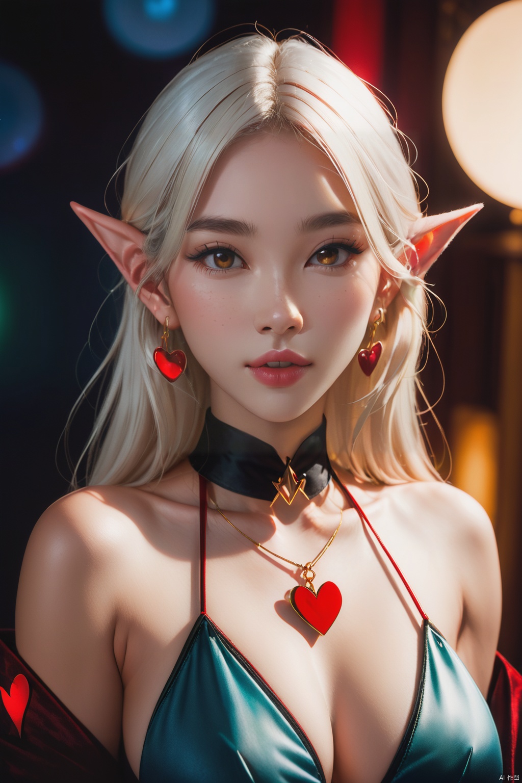 ((Finger in mouth, sucking finger, biting finger, ))naughty face, horny, looking at viewer, sam yang, 1girl, backlighting, bare shoulders, black choker, blush, big breasts, choker, cleavage, closed mouth, short elf ears, collarbone, earrings, forehead, freckles, hair over shoulder, jewelry, long hair, pointy nose, red lips, shadow, solo, thick eyebrows, thick eyelashes, upper body, white hair, (floating hearts), messy hair, ((masterpiece)), , Shimipan, Add details, MAJICMIX STYLE