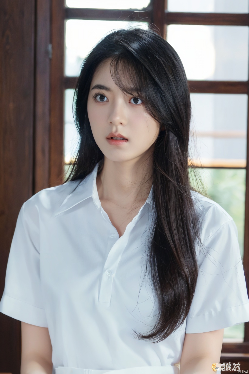  1girl, solo, long hair, looking at viewer, shirt, black hair, closed mouth, white shirt, upper body, indoors, black eyes, lips, window, watermark, realistic, nose